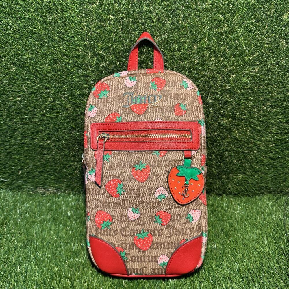 Juicy Couture Strawberry Print Sling Bag Chestnut Red with Charm Keychain NWT